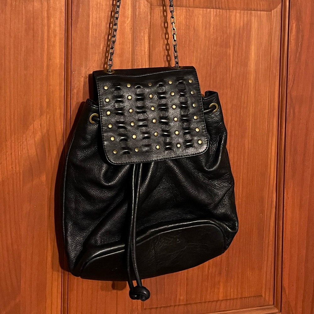 FRYE Black Leather Backpack w/Chain Straps